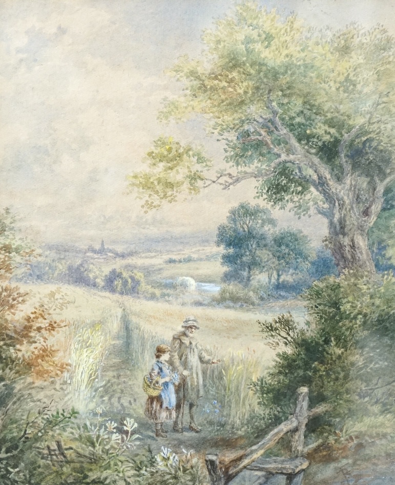 19th century English School, Testing the Wheat, watercolour, indistinctly monogrammed lower right, 14.5 x 12cm